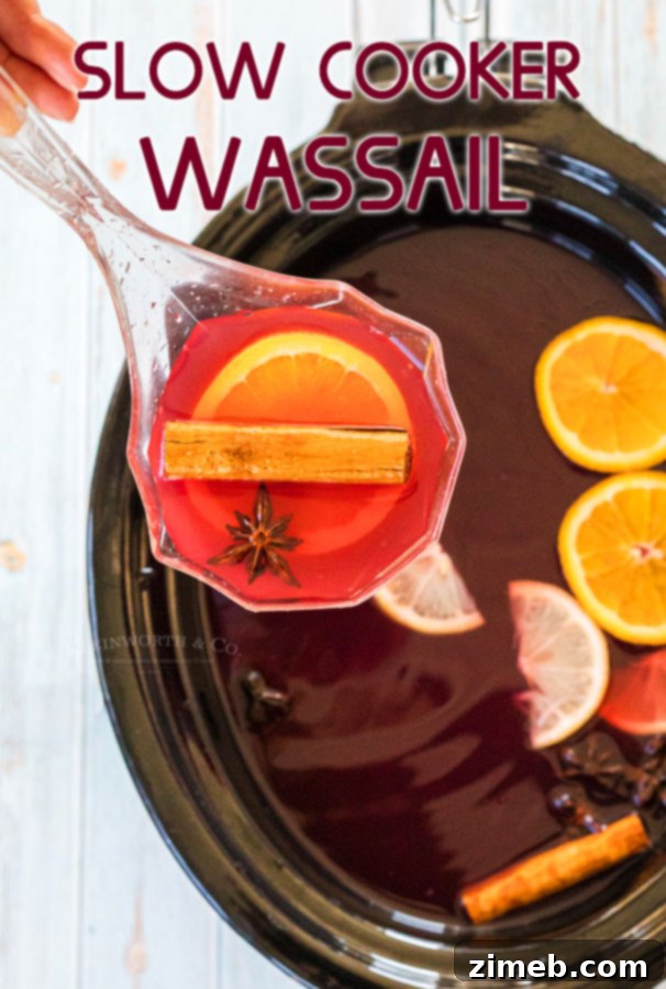 Slow Cooker Wassail, ready to serve at a Christmas party.