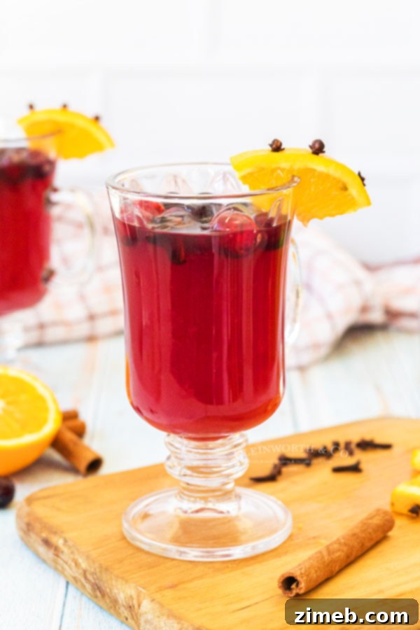 Close-up of Crockpot Wassail with festive garnishes.