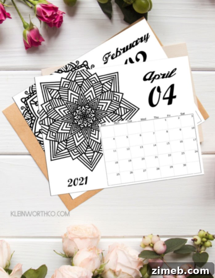 2021 Coloring Calendar Free Printable for mindful planning