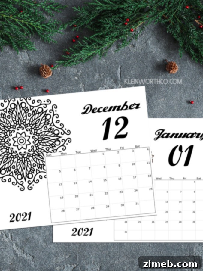 Adult Coloring Calendar Free 2021 with intricate mandala designs