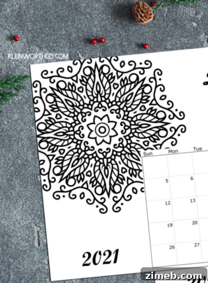 Free coloring page calendar 2021 for creative planning