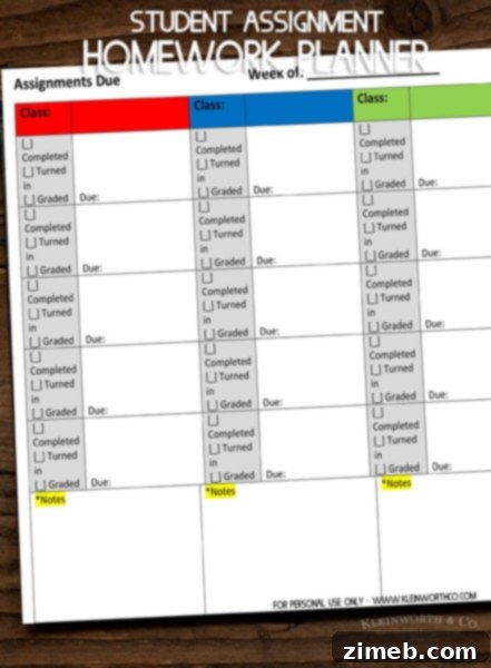 Student Assignment Homework Planner Printable for academic organization