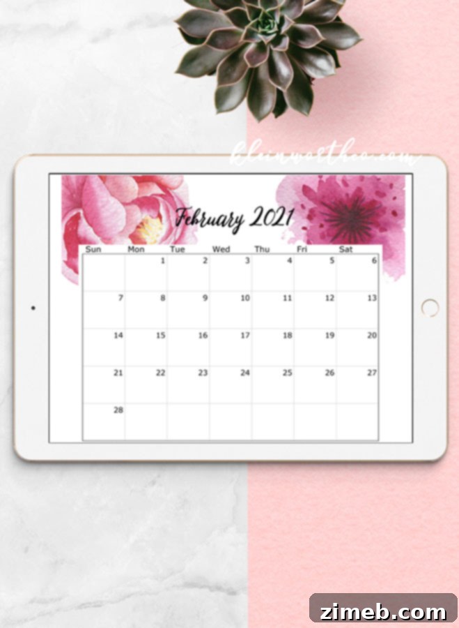 The 2021 floral calendar looks beautiful on a tablet, showcasing its elegant design