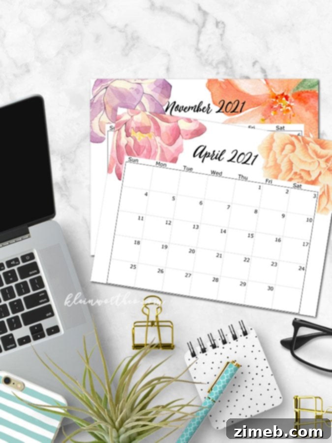 The 2021 printable calendar adorned with floral designs sits elegantly on a desk