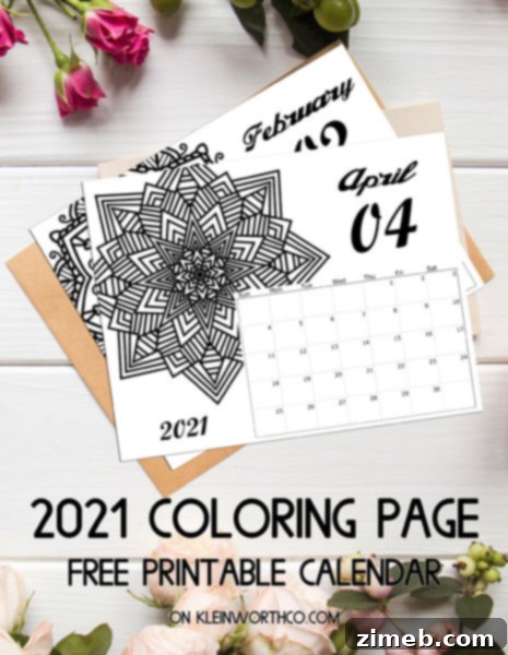 2021 Mandala Coloring Page Calendar Free Printable for creative planning