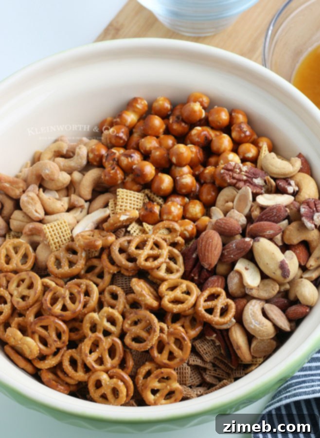 ingredients combined for party snack mix