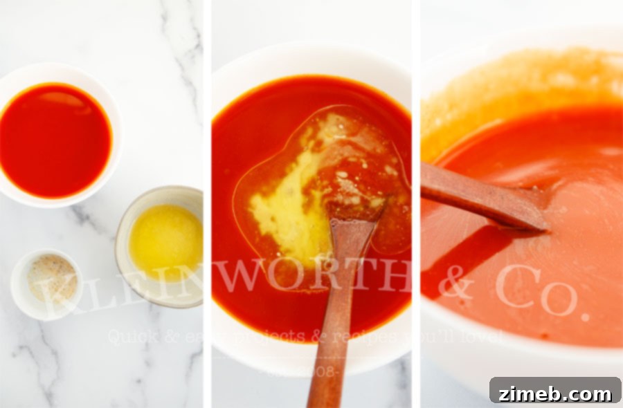 Ultimate Buffalo Wings 7 Homemade buffalo sauce ingredients being mixed in a bowl.