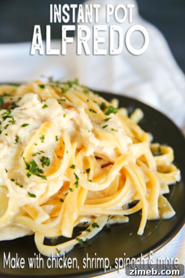 Serving of creamy Instant Pot Alfredo pasta.