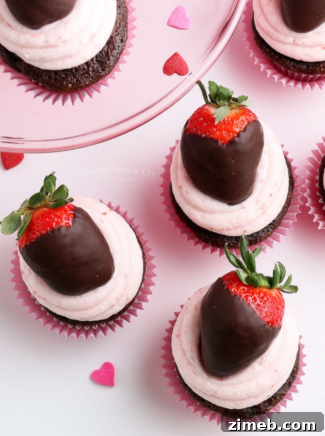 Decadent Chocolate Strawberry Cupcakes 3 Valentine's Day Strawberry Cupcakes with chocolate drizzle