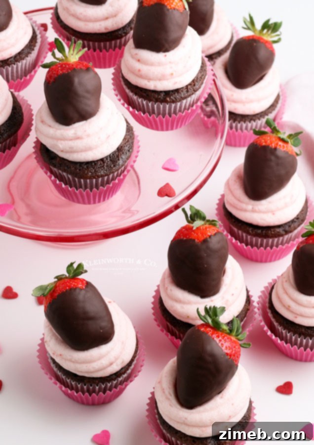 Decadent Chocolate Strawberry Cupcakes 22 Chocolate Covered Strawberry Cupcakes recipe card image