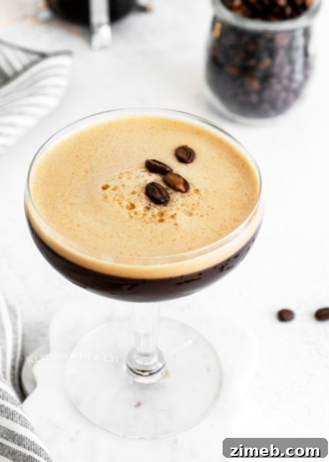 How to make Espresso Martini Recipe, showing the pouring process.