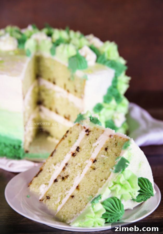 Mint Chocolate Chip Cake 11 Slice of Mint Chocolate Chip Cake showing moist layers and crushed mints