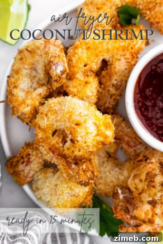 Crispy Air-Fried Coconut Shrimp 2 Crispy Air Fryer Coconut Shrimp served with dipping sauce, perfect for a quick meal or appetizer.