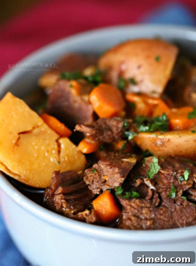 Instant Pot beef stew with tender chunks of beef and vibrant vegetables in a rich, savory broth, ready to be served.
