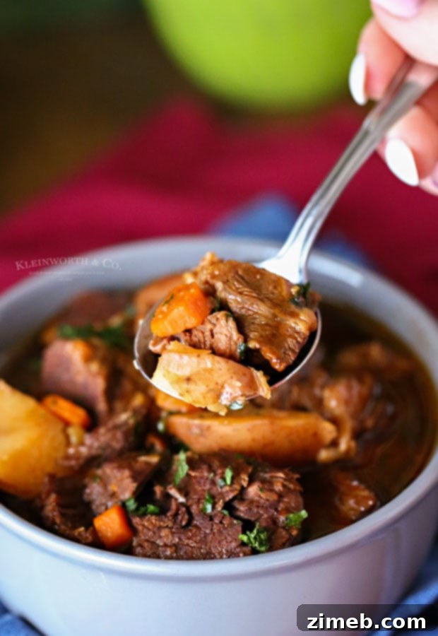 Pressure cooker beef stew, rich and tender, served in a bowl, highlighting the quick and easy method for a classic comfort meal.
