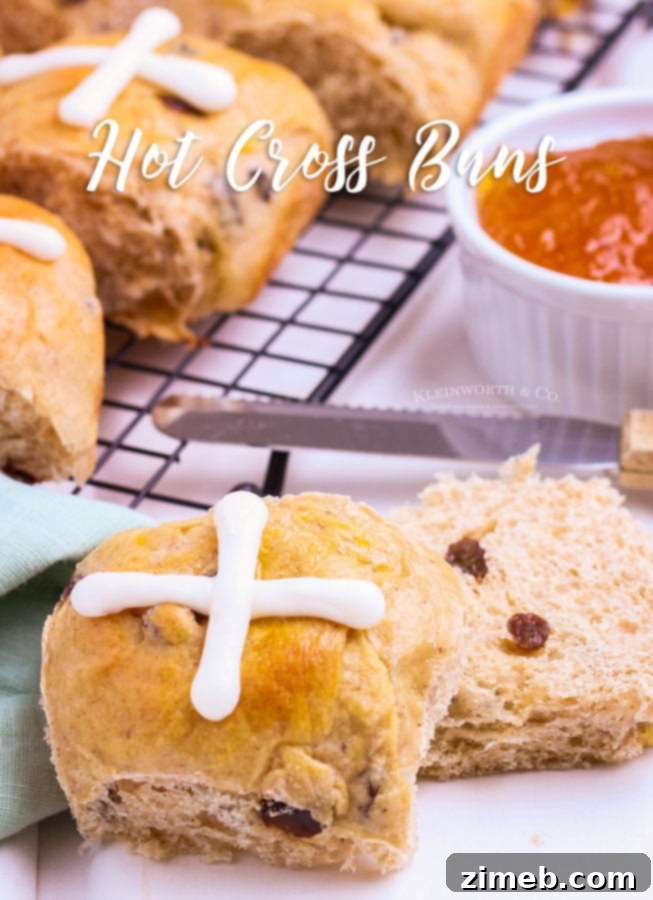 Beautifully glazed Hot Cross Buns, a delightful sight for Easter.