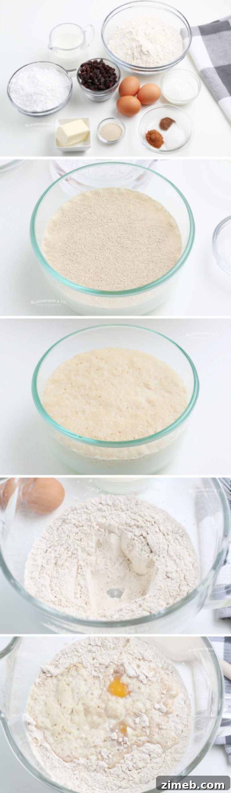 Steps 1-5 of making cross buns, showing initial mixing of ingredients for the dough.