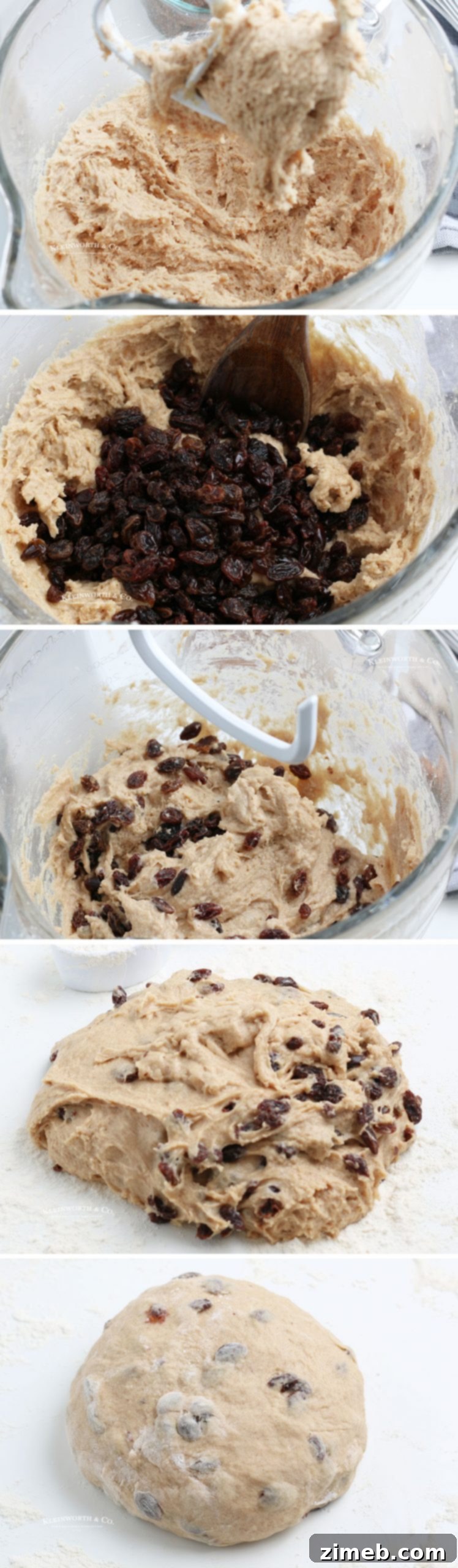 Steps 6-10 of making cross buns, illustrating the kneading and first rise of the dough.