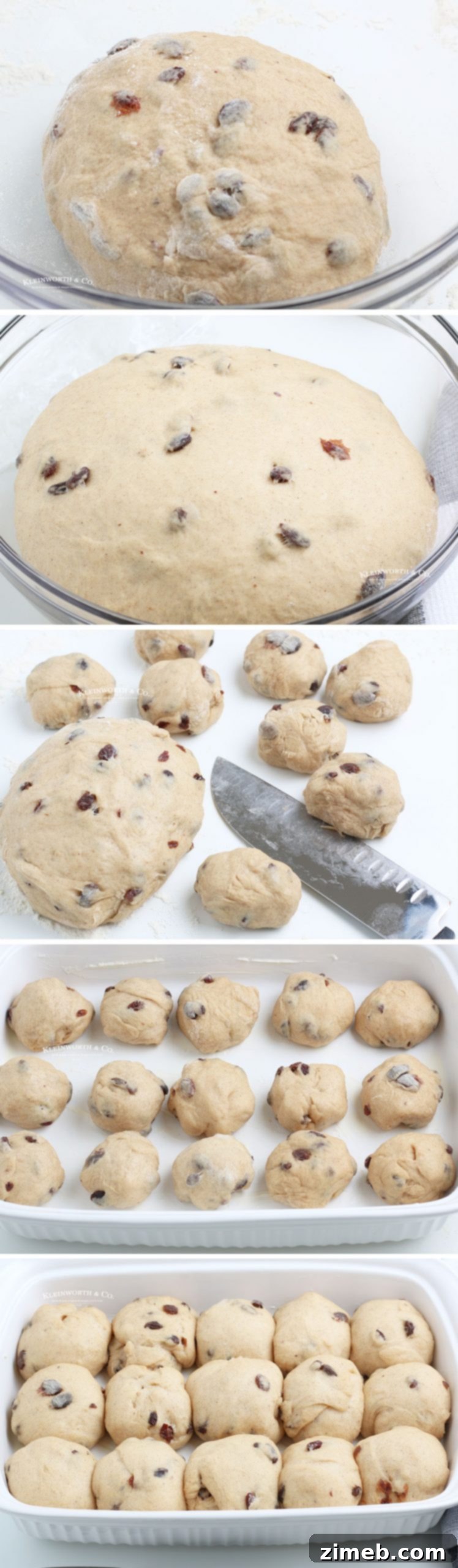 Steps 11-15 of making cross buns, showing dough shaping and second rise before baking.