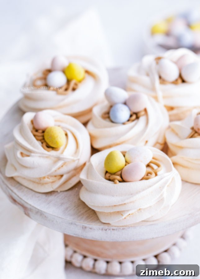 Set of beautiful Easter Egg Meringue Nests for holiday dessert