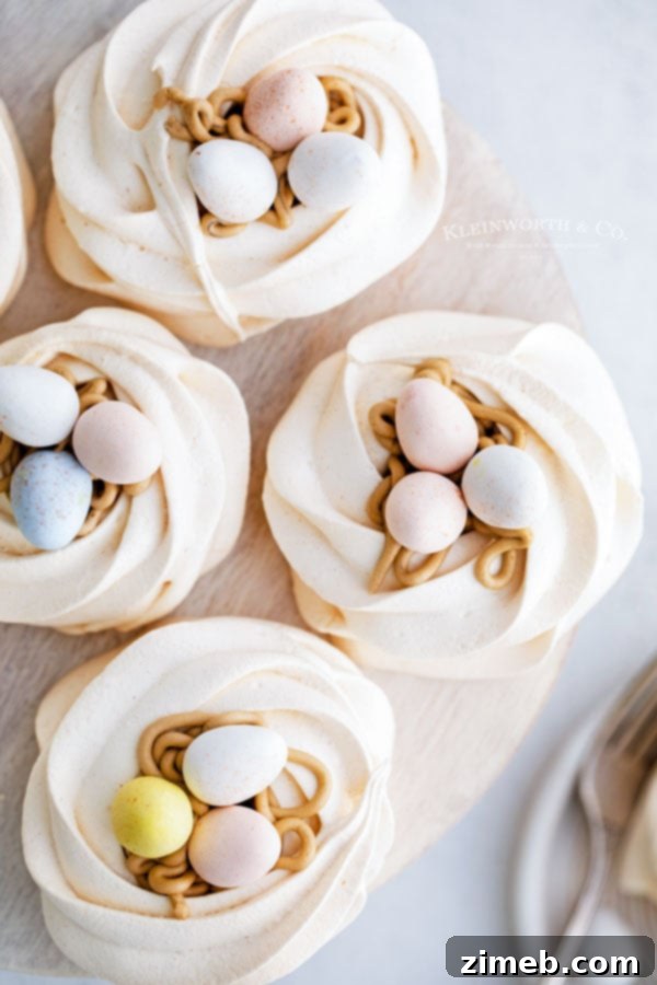 Crispy cookie meringue nests ready for Easter celebrations