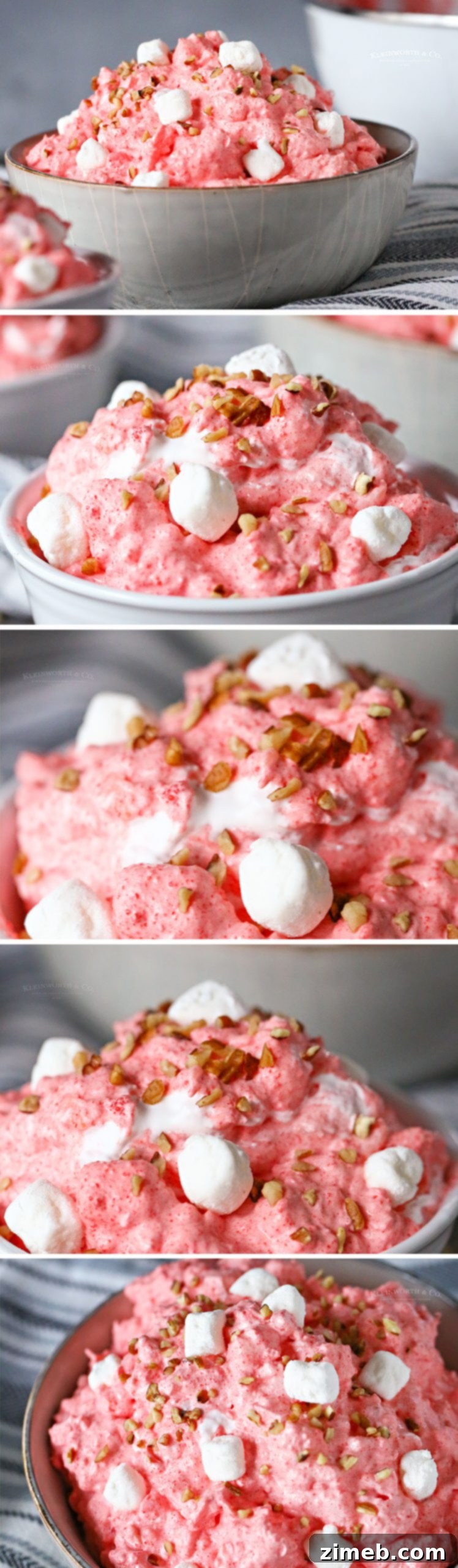 A step-by-step guide on how to make Strawberry Jello Salad, showing ingredients and mixing process.