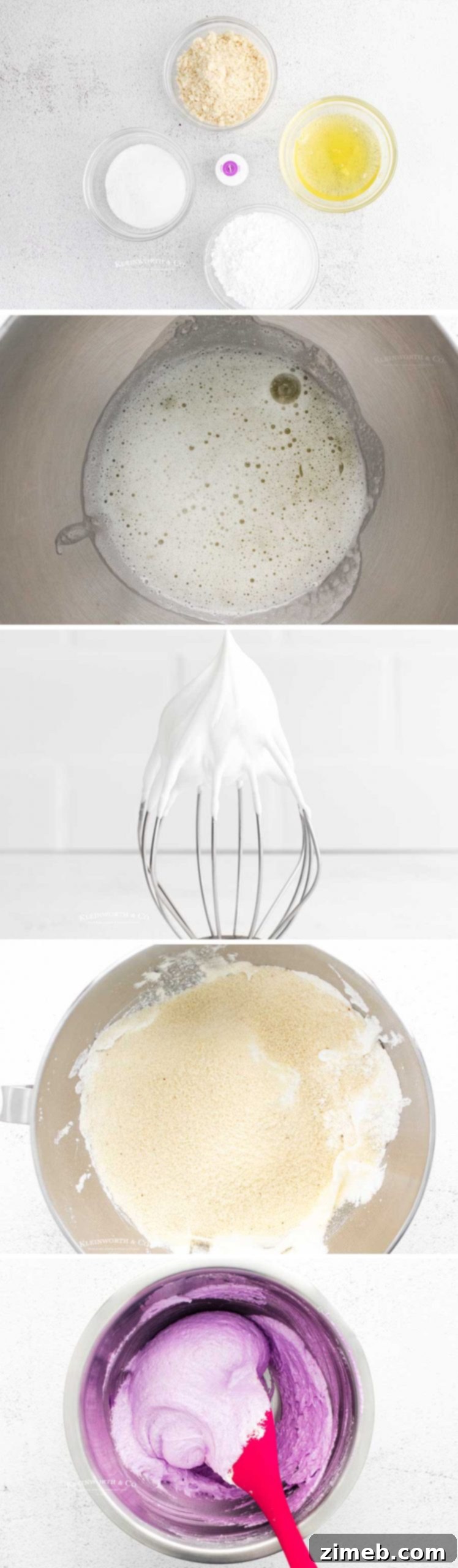 Step-by-step images showing how to make Lavender Macarons, from batter to piped shells
