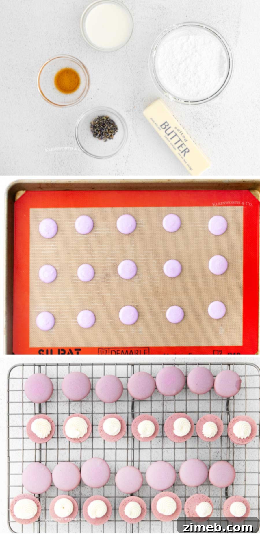 Detailed process of making Lavender Macarons, steps 6-8, including piping and baking.