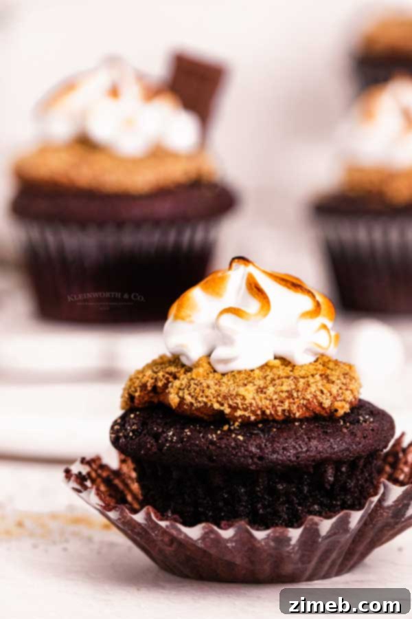 Close-up of an unwrapped S'mores Cupcake showing layers