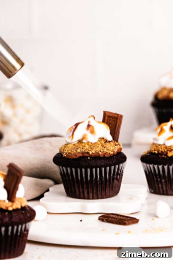 S'mores Cupcakes with perfectly torched marshmallow meringue