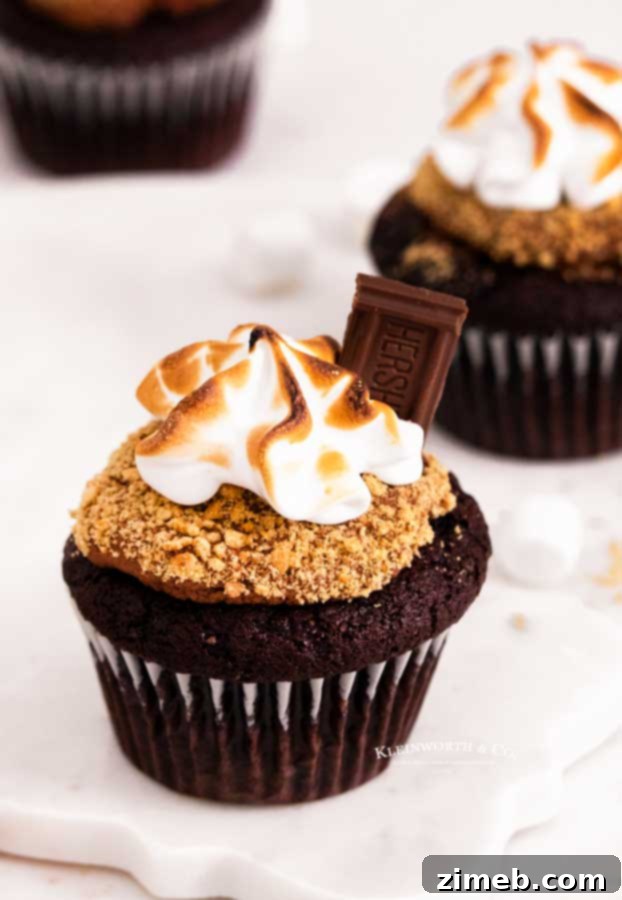 S'mores Cupcakes garnished with a piece of Hershey's chocolate