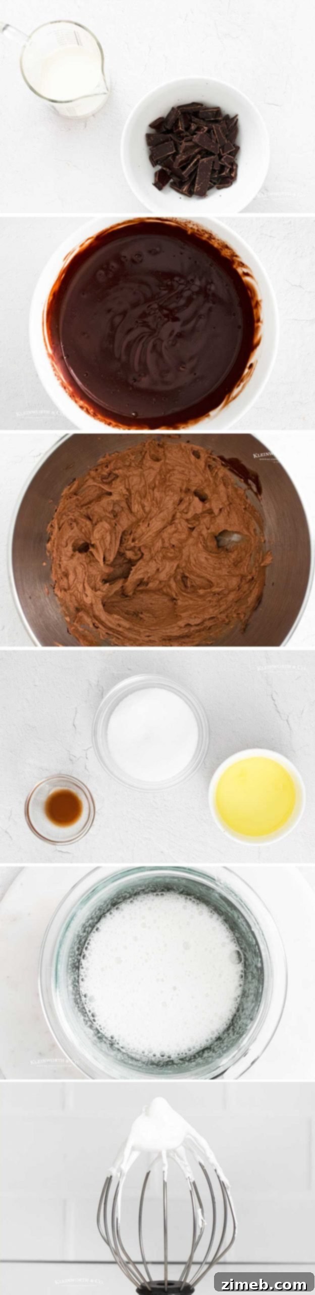 Steps for making chocolate ganache frosting and marshmallow meringue for S'mores Cupcakes