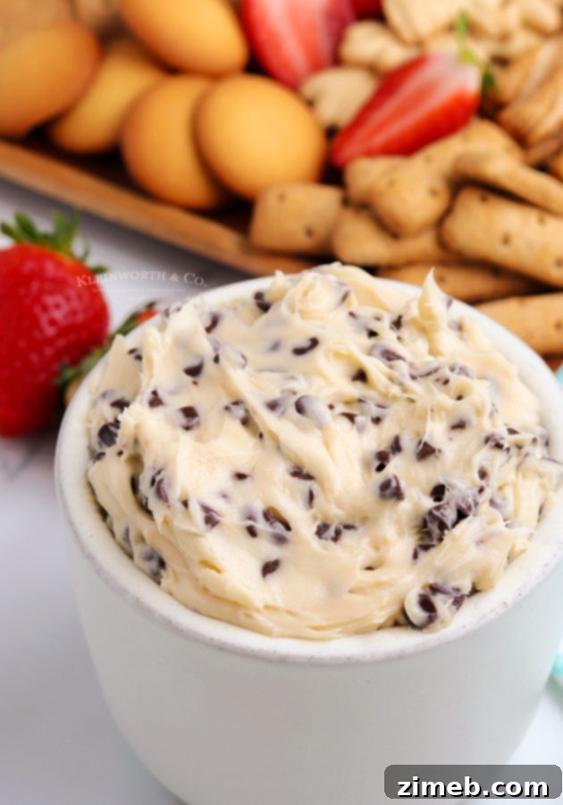A delicious snack dip dessert, showcasing a bowl of creamy Cookie Dough Dip surrounded by various dippers. This quick and easy no-bake dessert is perfect for parties and offers an egg-free, sweet indulgence ready in 5 minutes.