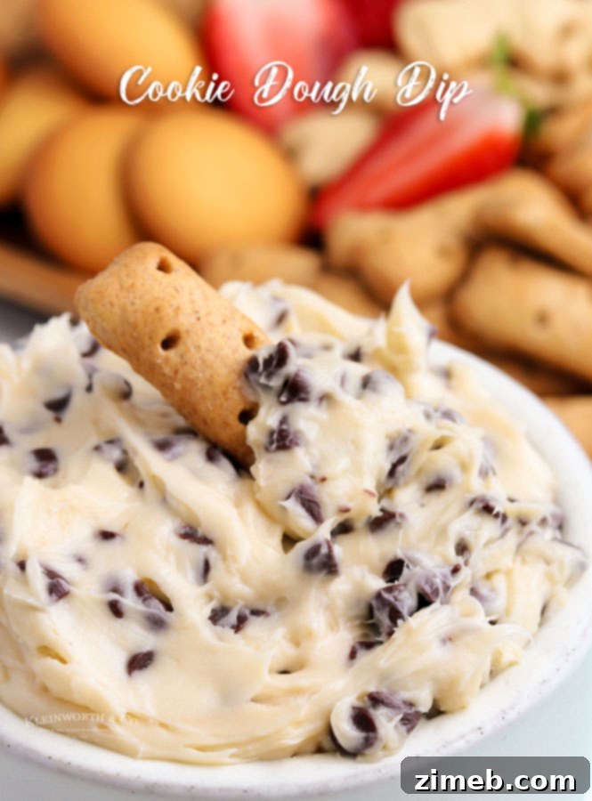 A delightful Cookie Dough Dip, presented beautifully in a bowl, surrounded by dippers. This quick and easy no-bake dessert is perfect for parties and offers an egg-free, sweet indulgence ready in 5 minutes.