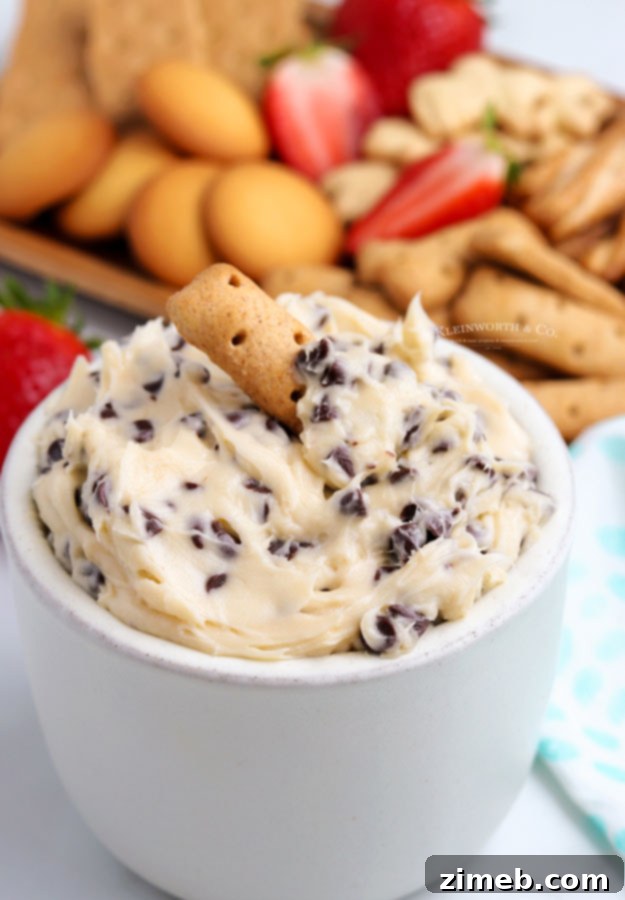 Enjoying a delicious Cookie Dough Dip with a chocolate chip cookie. This quick and easy dessert dip recipe is perfect for parties, offering a rich, creamy, and egg-free treat that's ready in minutes. Ideal for dipping with cookies, fruit, or pretzels.