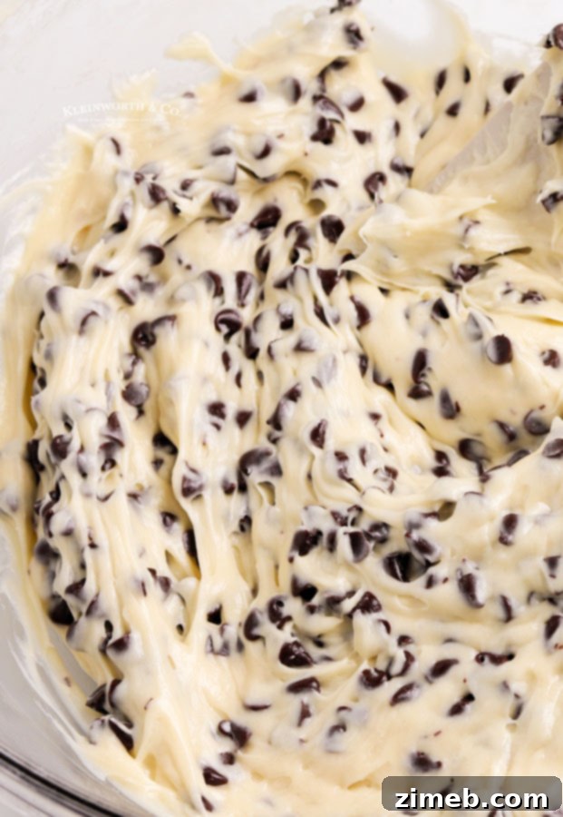 A bowl of creamy Cookie Dough Dip with visible chocolate chips, promising pure cookie dough bliss. This no-bake, egg-free dessert is quick to prepare and perfect for dipping with various treats. An ideal party dip, ready in 5 minutes for immediate enjoyment.
