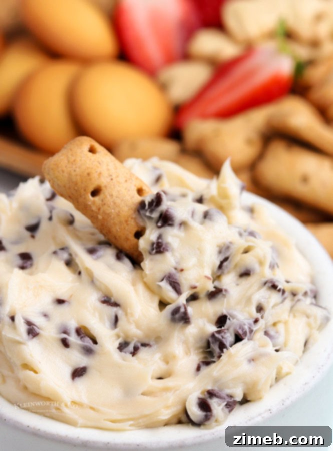 A decadent chocolate chip cream cheese dip, showcasing a rich and creamy texture. This easy dessert dip is no-bake, egg-free, and quick to make, perfect for any gathering. Enjoy this delightful treat with various dippers for a sweet and satisfying experience.