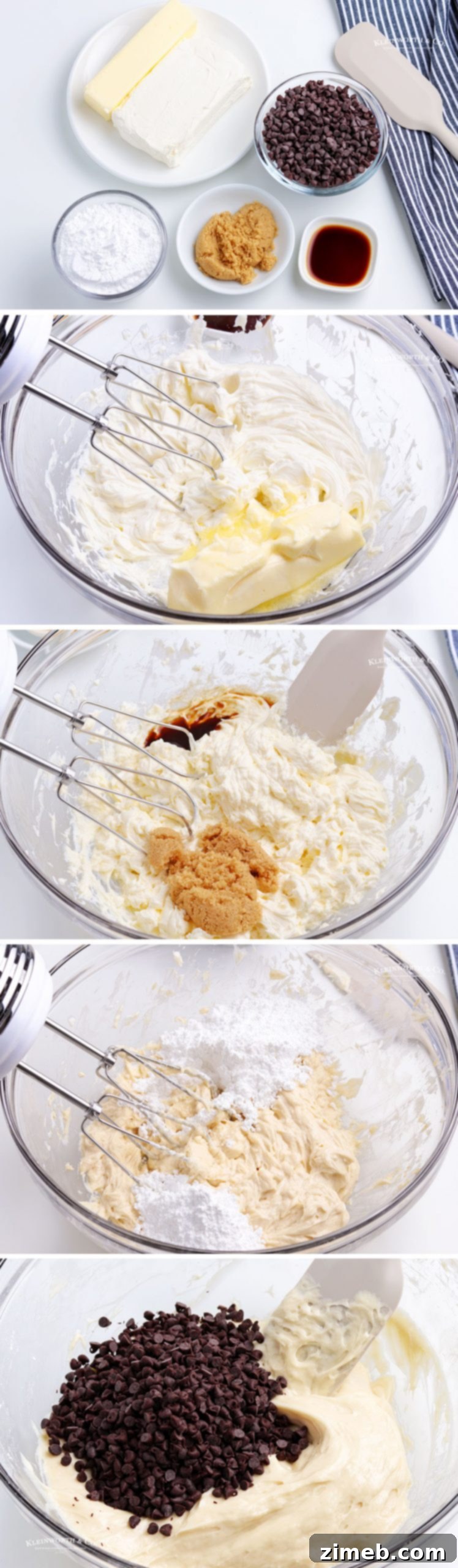 A top-down view showing how to make Cookie Dough Dip, featuring the creamy mixture in a bowl, surrounded by various ingredients and dippers. This quick and easy dessert is no-bake, egg-free, and perfect as a party dip, ready to enjoy in 5 minutes.