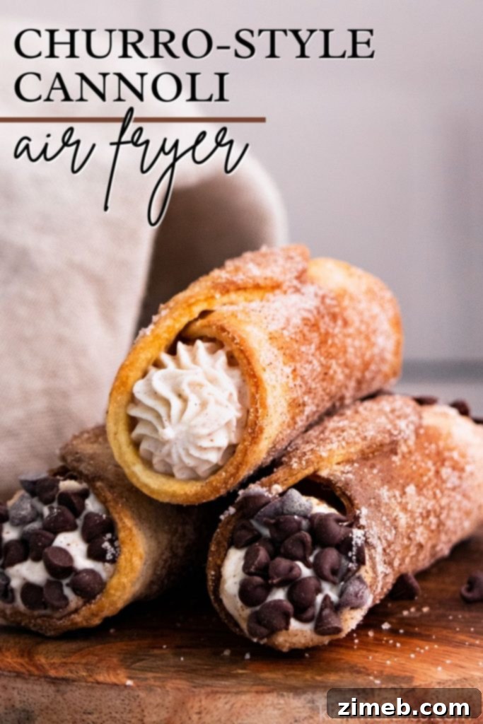 Crispy Air Fryer Churro Cannoli 2 Air Fryer Churro Cannoli: Crispy, cinnamon-sugar coated shells filled with sweet, spiced ricotta cream.