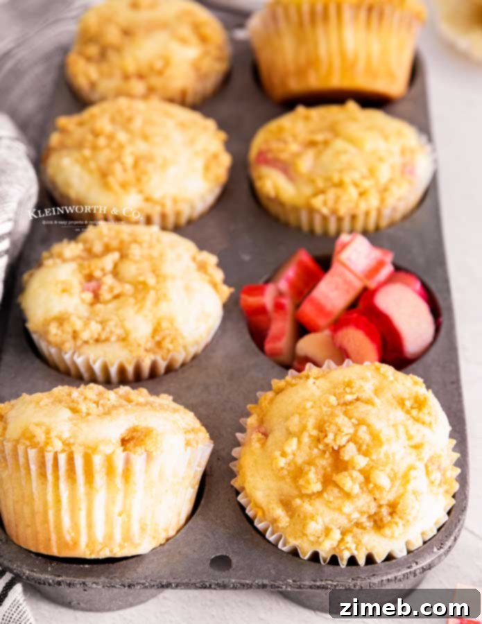 Sweet and Tart Rhubarb Muffins 7 Rhubarb Muffins in pan