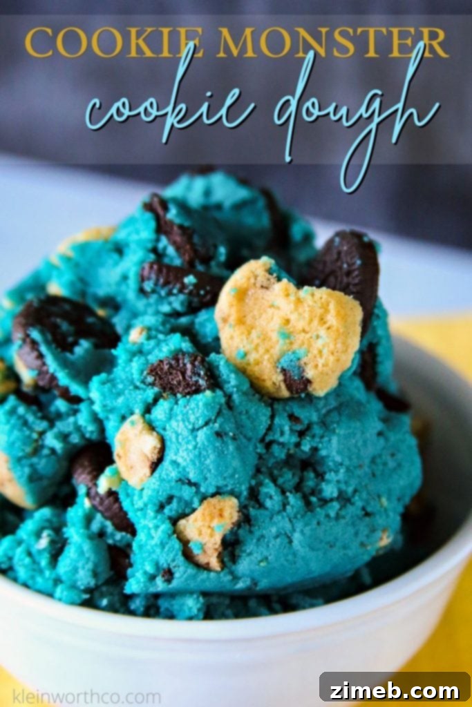 Cookie Monster Cookie Dough - A vibrant blue, egg-free edible dessert with mini Oreos and chocolate chips, perfect for Sesame Street fans.