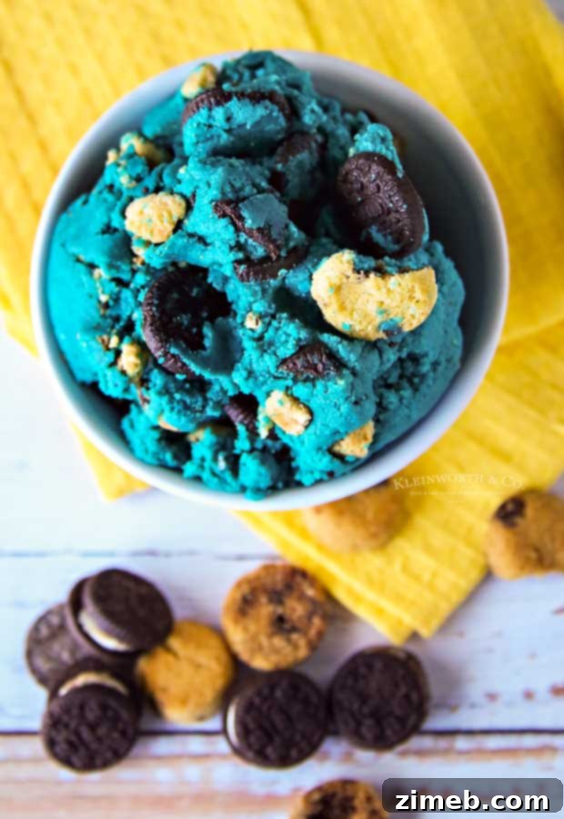 Edible Cookie Monster Dough, a delightful blue dessert.
