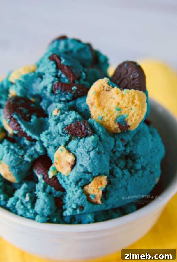 Edible Cookie Monster Dough with sprinkles and mini cookies.
