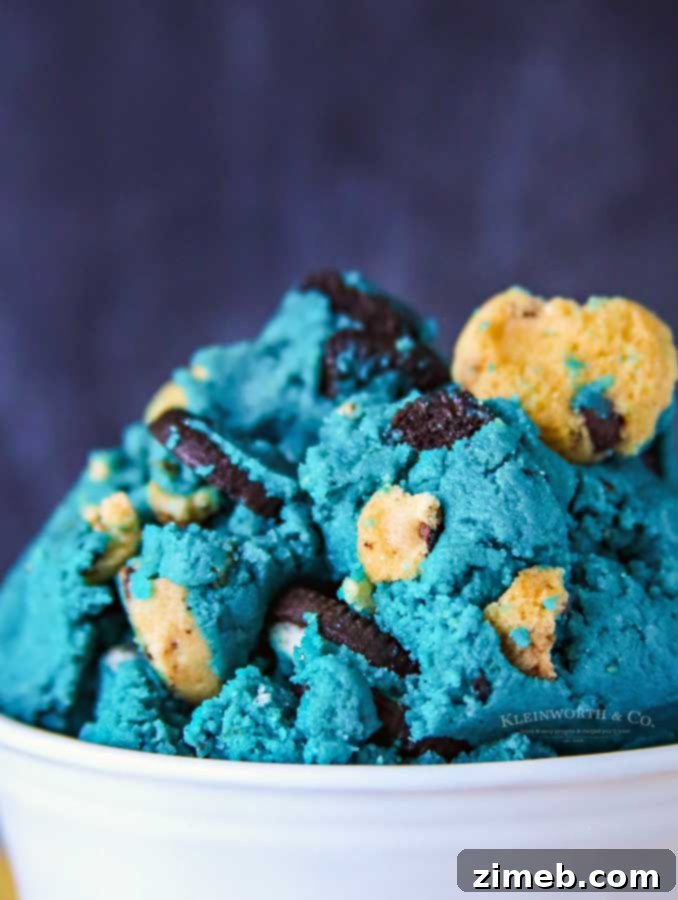 Cookie Monster dessert with edible blue cookie dough.
