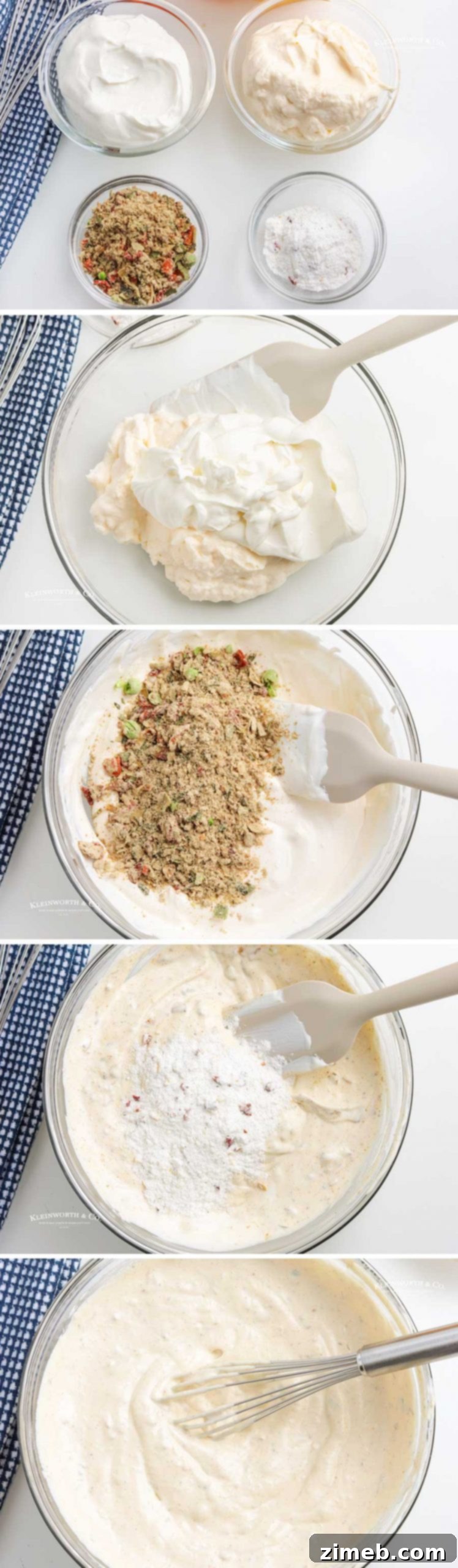 Close-up of how to make Veggie Dip, showing ingredients being mixed