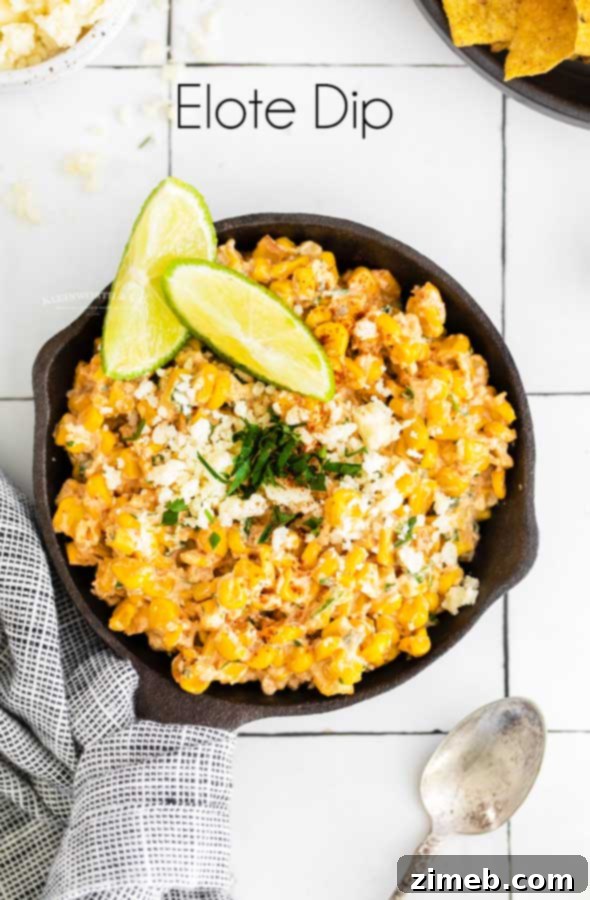 Elote Street Corn Dip, garnished with cilantro and lime