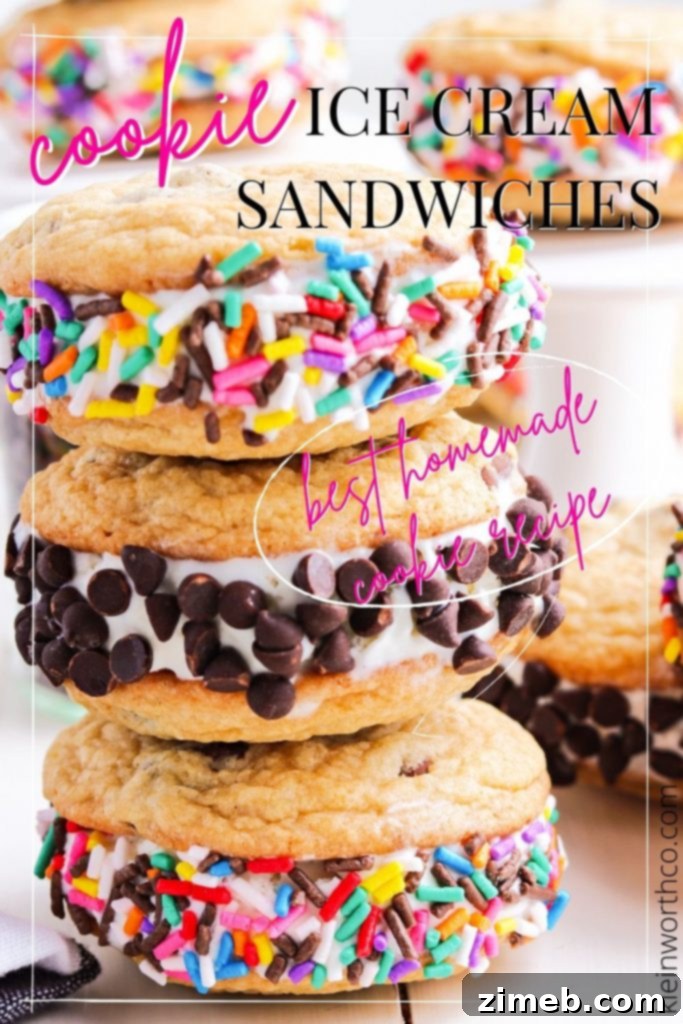 Frozen Cookie Bliss 2 Delicious Homemade Cookie Ice Cream Sandwiches with soft chocolate chip cookies and creamy ice cream.