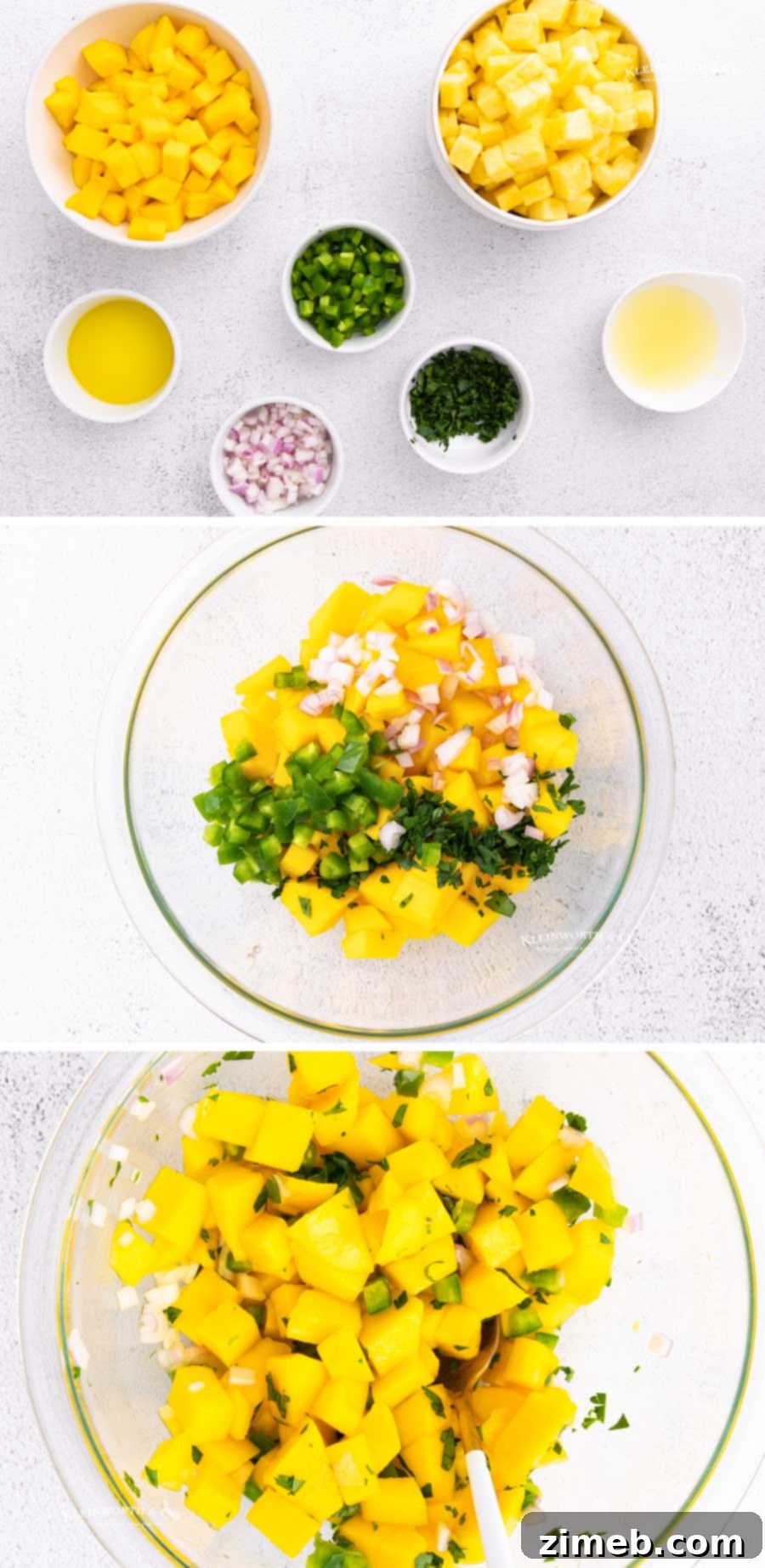 Tropical Pineapple Salsa 6 Step-by-step process of making pineapple mango salsa, showing fresh ingredients