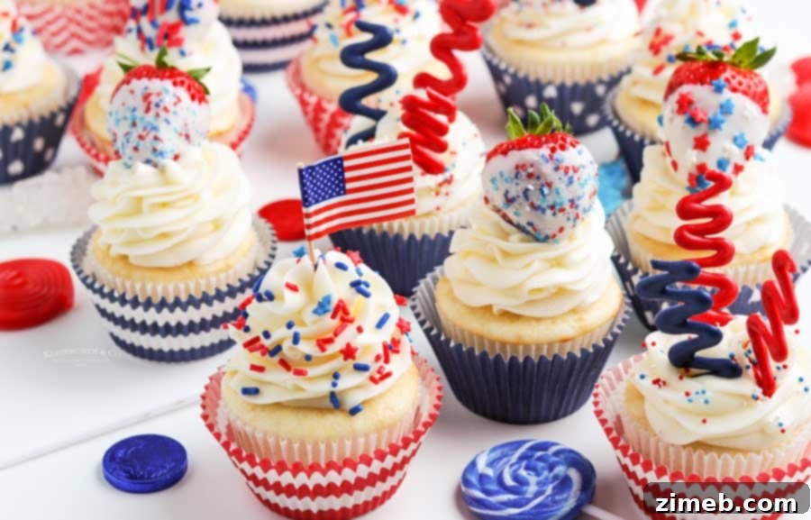 A stunning spread of patriotic cupcakes, beautifully decorated for American holidays.