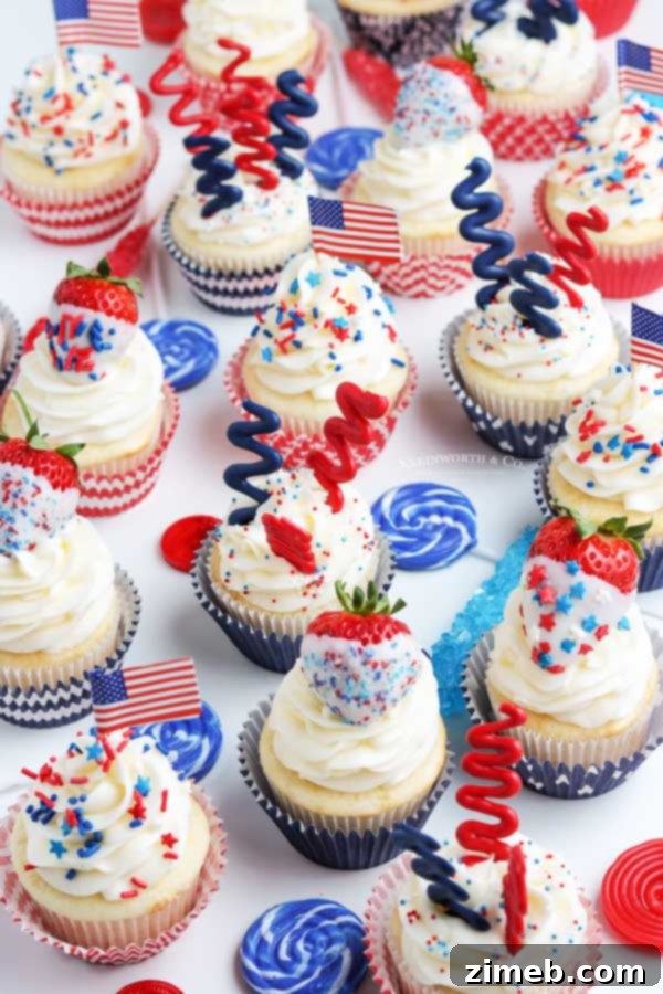 Vibrant Memorial Day Cupcakes, adorned with red, white, and blue patriotic sprinkles.